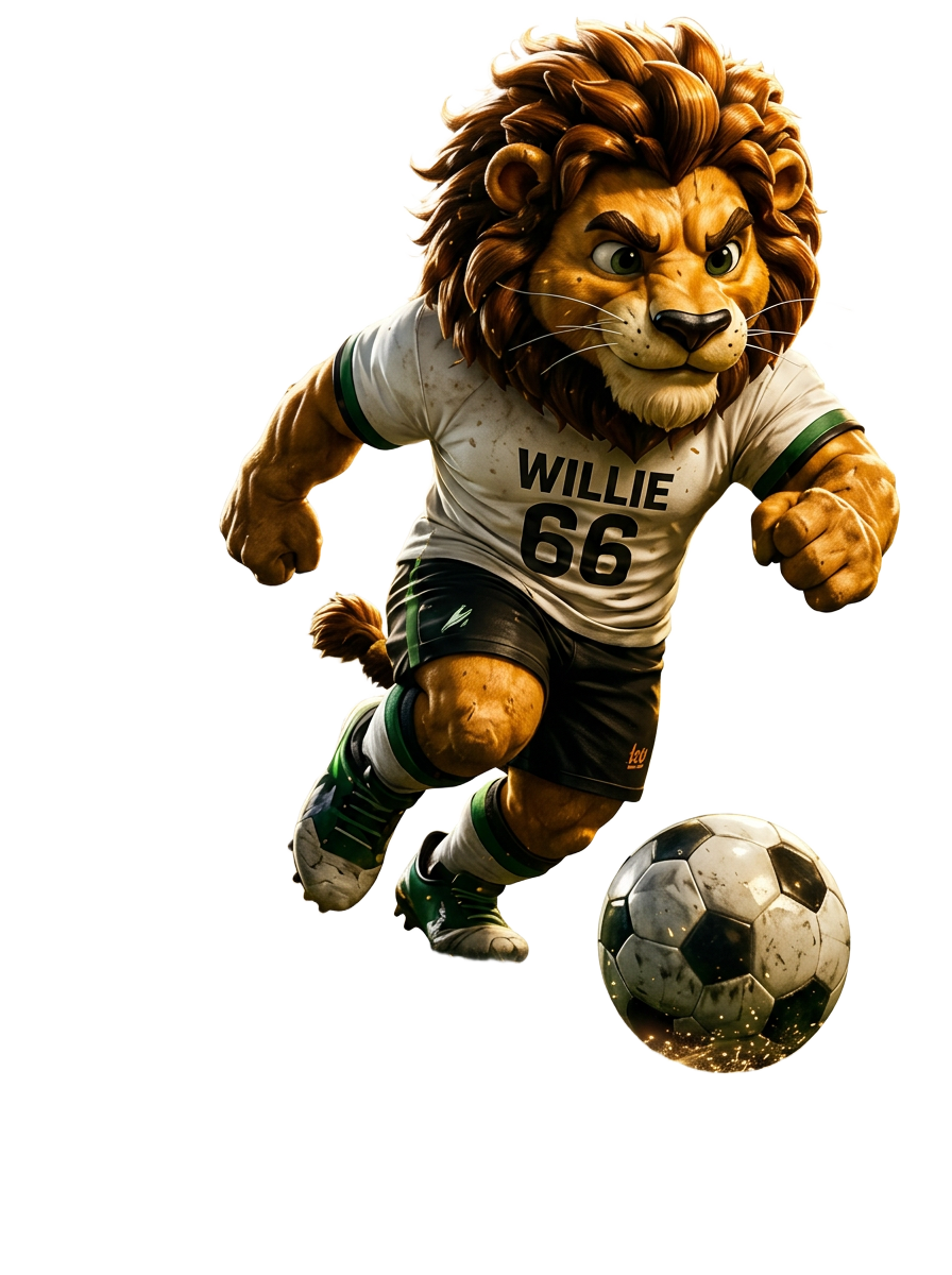 WILLIE 66 lion mascot running with football